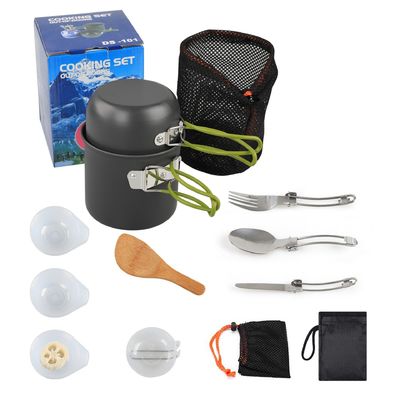Conjunto de utensílios de cozinha de alumínio portátil para acampamento para o exterior Conjunto de utensílios de mesa com alça cinza verde