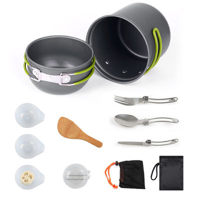 Conjunto de utensílios de cozinha de alumínio portátil para acampamento para o exterior Conjunto de utensílios de mesa com alça cinza verde