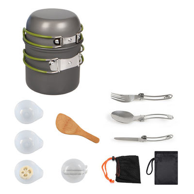 Conjunto de utensílios de cozinha de alumínio portátil para acampamento para o exterior Conjunto de utensílios de mesa com alça cinza verde