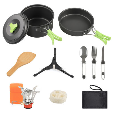Kit de mesa de utensílios de cozinha de acampamento de liga de alumínio com acessórios de colher de madeira e fogão de mochila